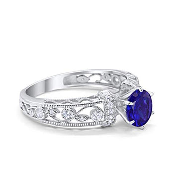 Art Deco Wedding Promise Ring Round Simulated Blue Sapphire CZ 925 Sterling Silver